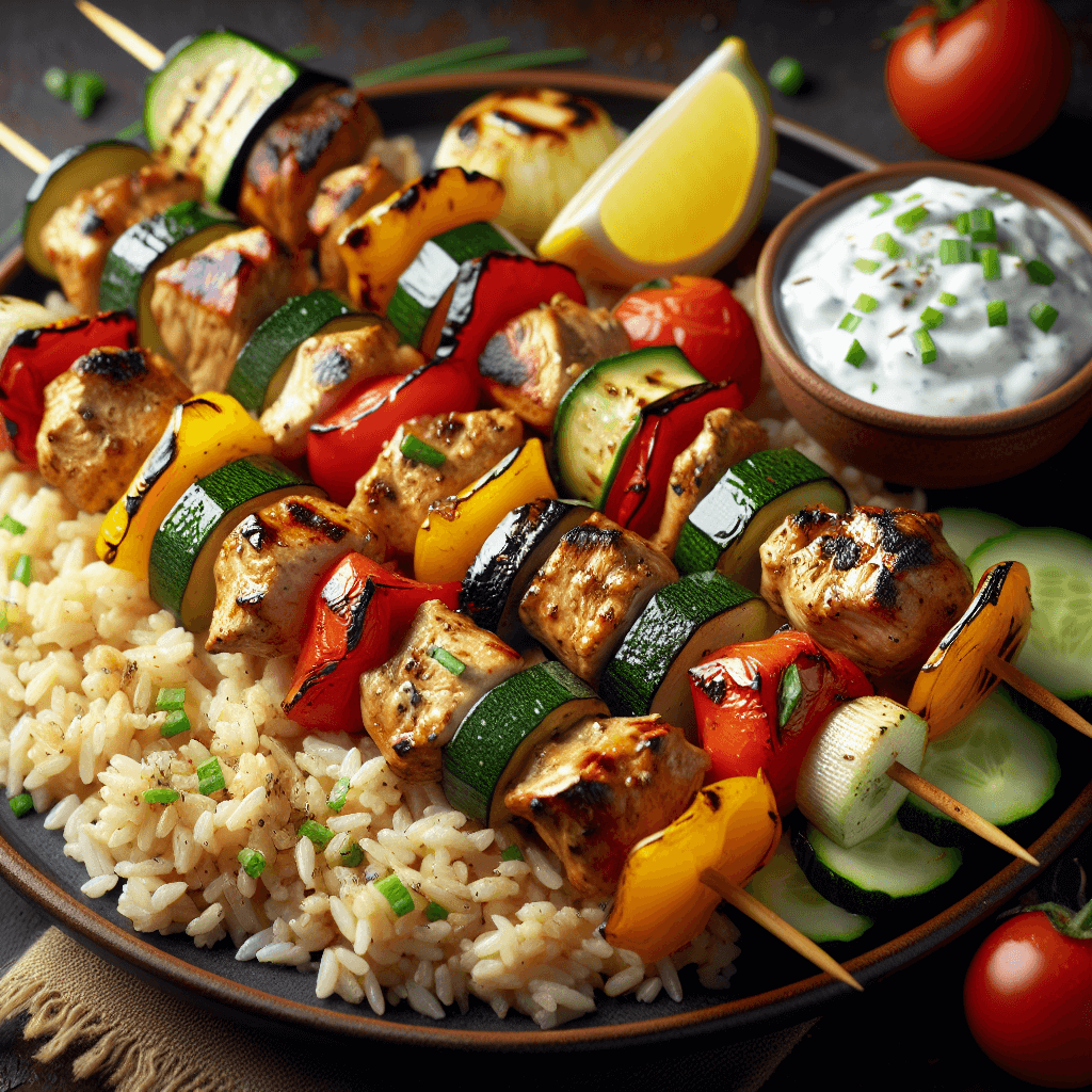 Chicken and Vegetable Skewers with Brown Rice